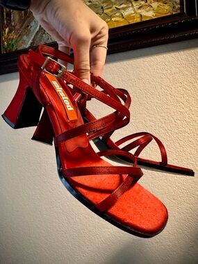 Vintage Red Satin Strappy Block Heels Sandals Unlisted 90s 6.5